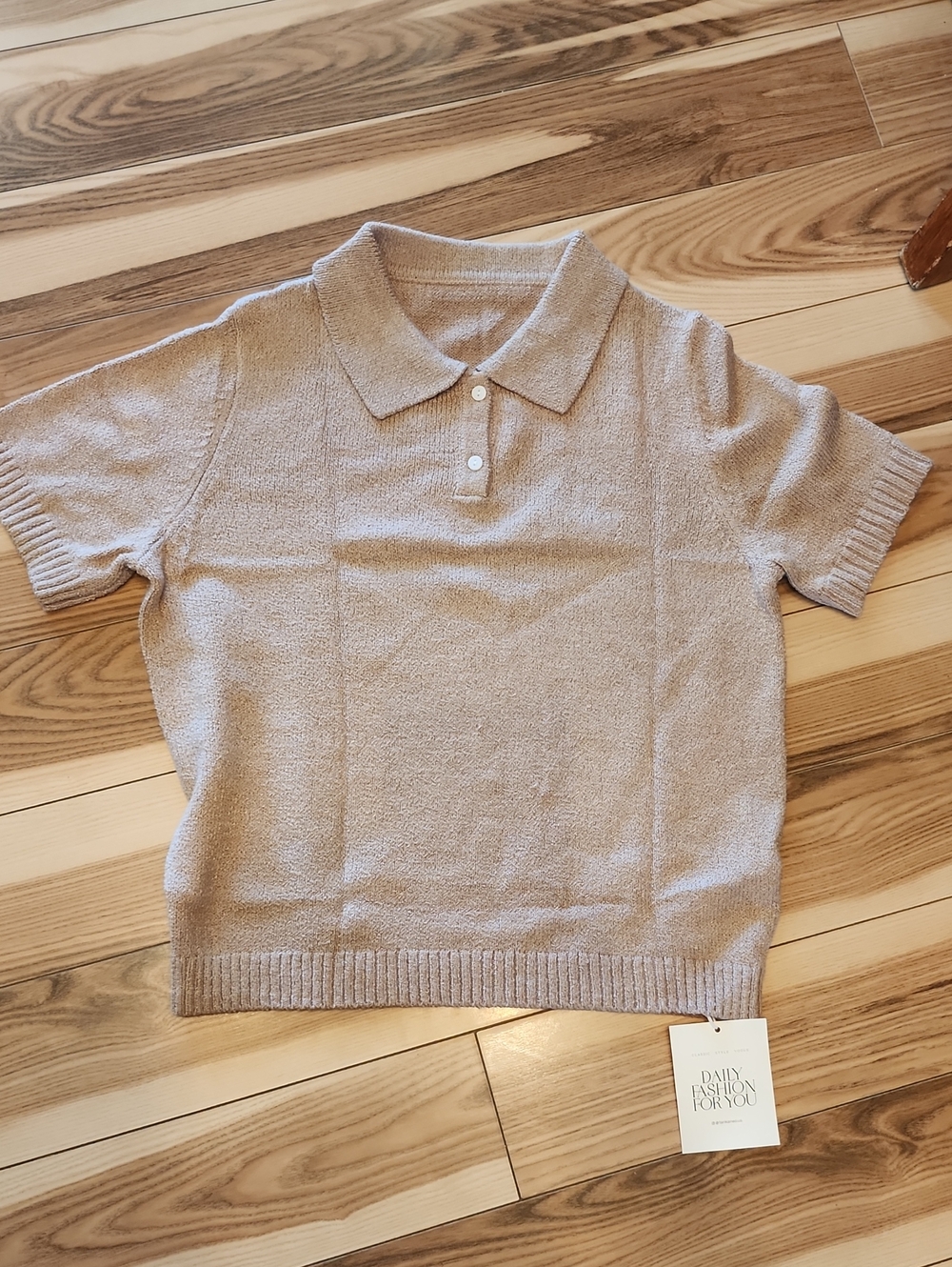 Daily Fashion For You Short-Sleeve Polo Sweater in Light Beige- Medium